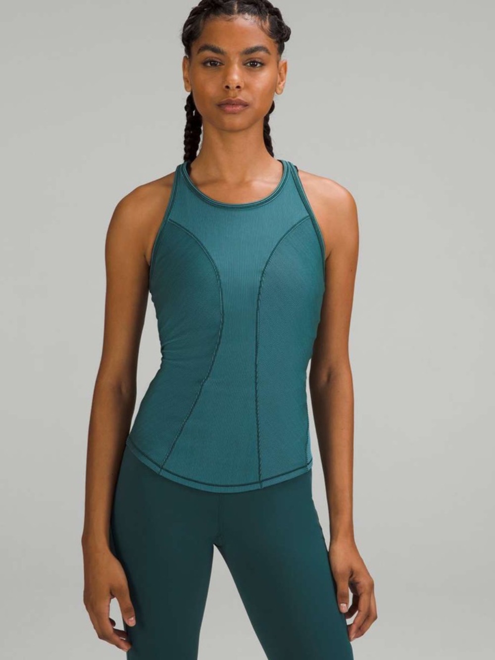 Lululemon Base Pace Two Tone Rib Tank Top, Green Jasper / Blue Chill Stripe – M